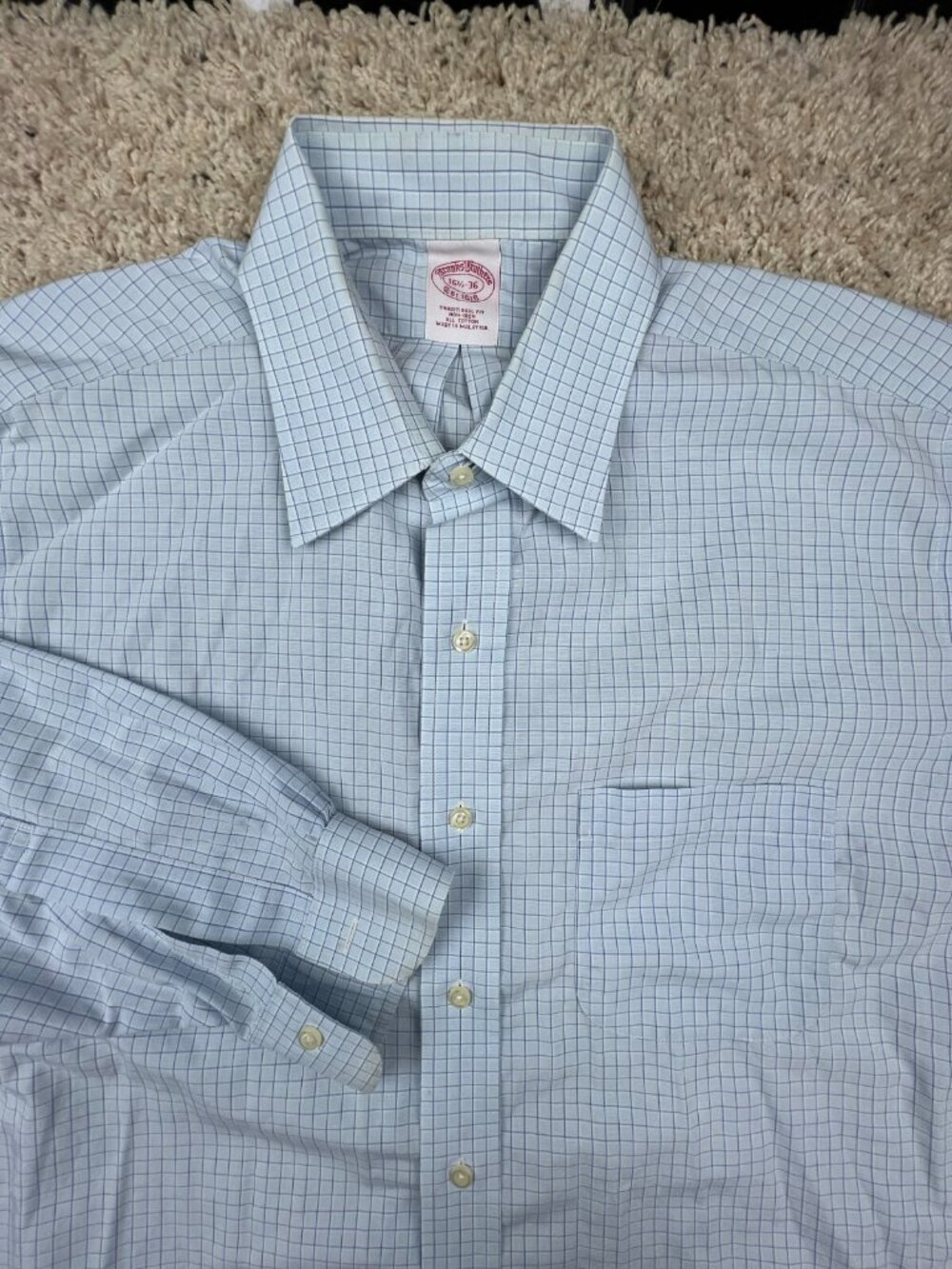 Brooks Brothers Button Up Dress Shirt 16.5 36 Blue Check Traditional Fit Cotton